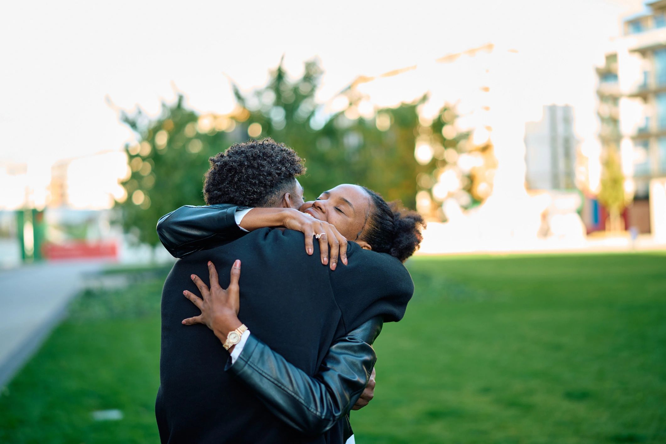Couple portrait embracing outdoors